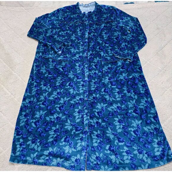 National‎ Womens Blue Floral Snap Front Robe Long Sleeve Ruffled Cuffs Size L - Picture 2 of 10
